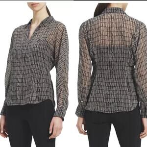 Theory Printed Georgette Cinched  Shirt Tile Grey Black Small M0805505 MSRP $345